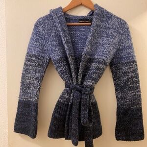 Blue tie wrap cardigan sweater with hood
